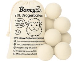 Boncy® Drogerballen - 9 Stuks XL Droogballen voor Wasdrogers - 100% Nieuw Zeelandse Schapenwol Wasdrogerballen - Energiebesparend & Duurzaam Cadeau - Wasballen voor Wasdroger Droogtrommel - Dryer Balls Wol Droger Ballen - Wasbol Wasbollen - Wit