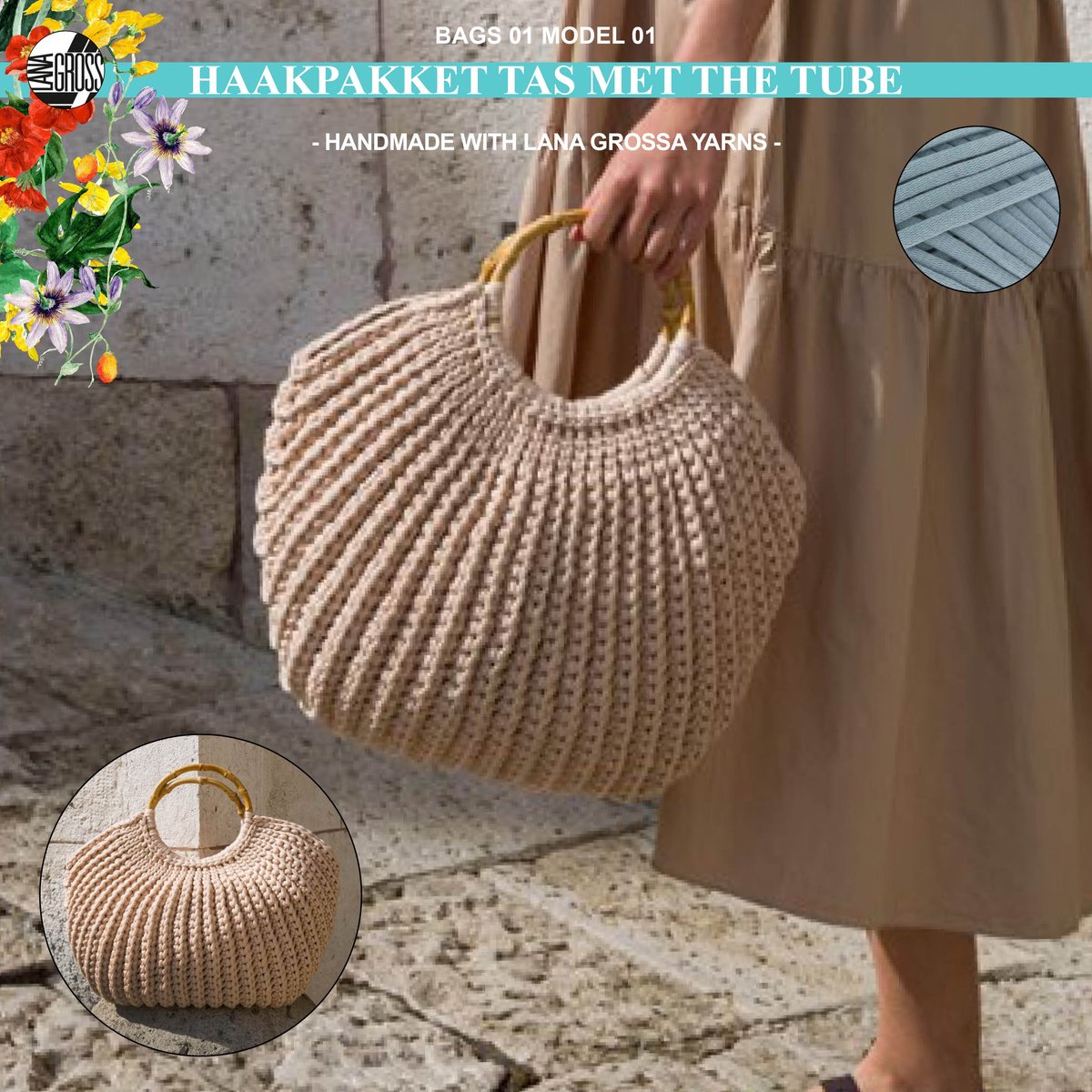 Haakpakket tas met The Tube garen model 1 van Lana Grossa Bags 01 - grijsblauw