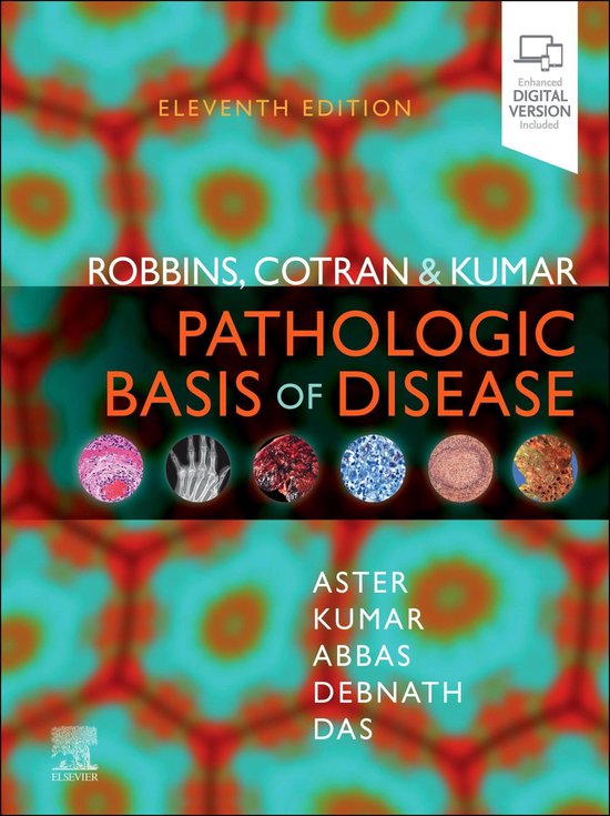 Boekhoes: 'Robbins, Cotran & Kumar Pathologic Basis of Disease', elfde editie, met afbeeldingen van microscopische preparaten.