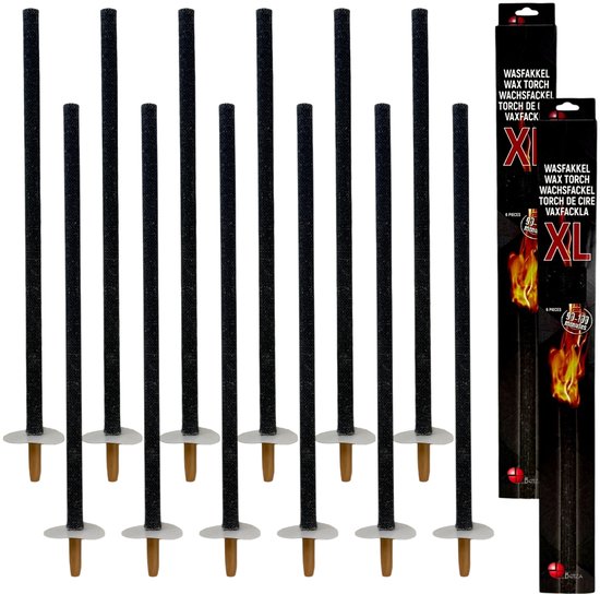 Torches à cire Benza XL – Set de 12 pièces – 70 x 2 cm – Durée de combustion de 90 à 100 min – Avec protège-mains en carton – Pour Jardin, Fête et marche silencieuse