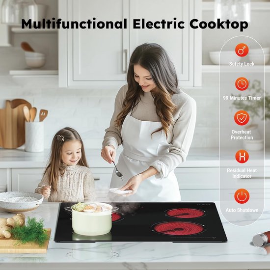 Plaque de cuisson vitrocéramique 60 cm – Plaque de cuisson électrique encastrable 4 feux – 6 000 W – 9 niveaux de puissance – Commande tactile – Plaque de cuisson vitrocéramique