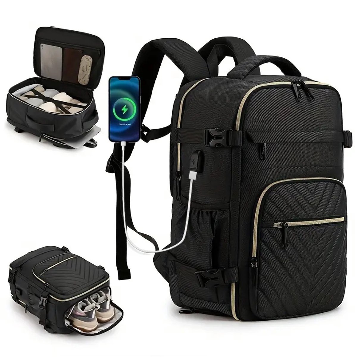 Rugzak Laptoprugzak - Schooltas - zwarte Waterdichte Rugzak Inclusief Usb Oplaadstation - Reistas - vliegtuigtas - handbagage vliegtuig - Laptop tas 17.3 inch voor dames en heren - 36L - Rugzak - zwart - Feestdagen - Sinterklaas - Kerst - Cadeau