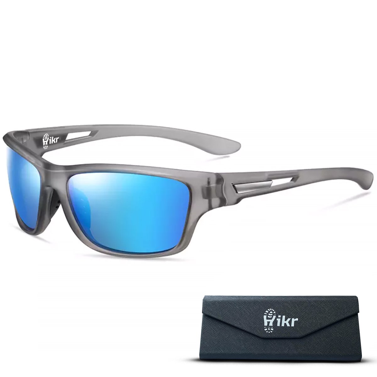 Hikr Zonnebril – Gepolariseerde Sportbril met UV400 Bescherming – Heren & Dames – Fietsen, Wandelen, Werk, Zwemmen & Wintersport – Fietsbril, Wielrennen & Sport – Grijs/blauw