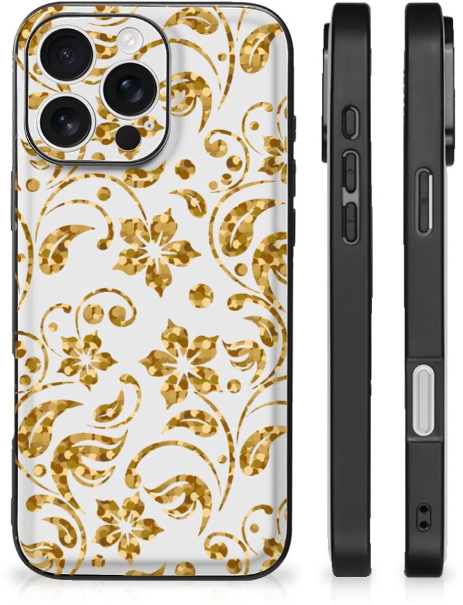 Back Cover voor iPhone 16 Pro Bloemen Hoesje Gouden Bloemen