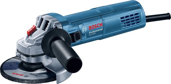 Blauwe Bosch haakse slijper GWS 880 met metalen slijpschijf en zwarte handgreep.