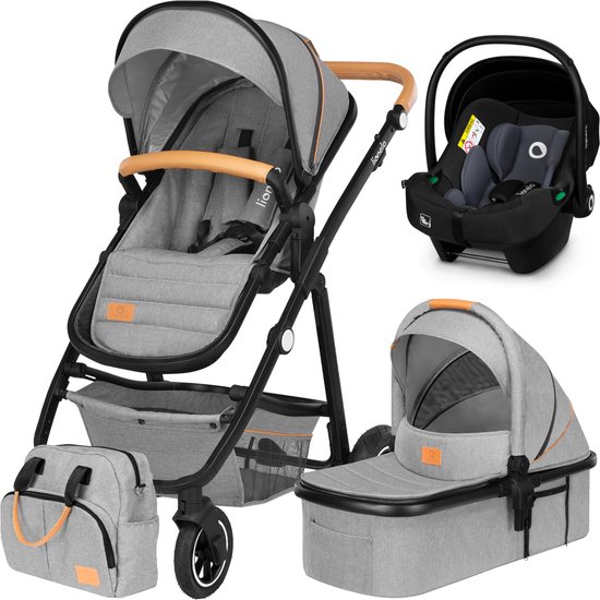 Lionelo Amber 3 in 1 Kinderwagen 3in1 — Reiswieg Buggy Baby Autostoel — ADAC geteste set — Vanaf geboorte (0-22 kg, tot 4 jaar) — Geveerde Pompwielen — Zacht Babymatras — Compact Snel Opvouwbaar — Babytas — Regenscherm — Insectennet — Autostoeltje