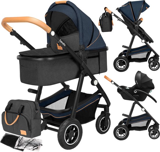 Lionelo Amber 3 in 1 Kinderwagen 3in1 — Reiswieg Buggy Baby Autostoel — ADAC geteste set — Vanaf geboorte (0-22 kg, tot 4 jaar) — Geveerde Pompwielen — Zacht Babymatras — Compact Snel Opvouwbaar — Babytas — Regenscherm — Insectennet — Autostoeltje