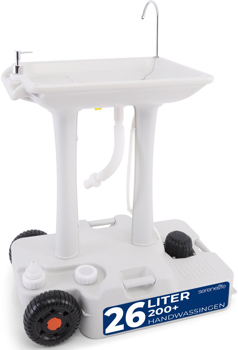 SereneLife Draagbare Camping Wastafel - Handdoekhouder & Zeepdispenser - Handwasbakstandaard met Wieltjes -Wit
