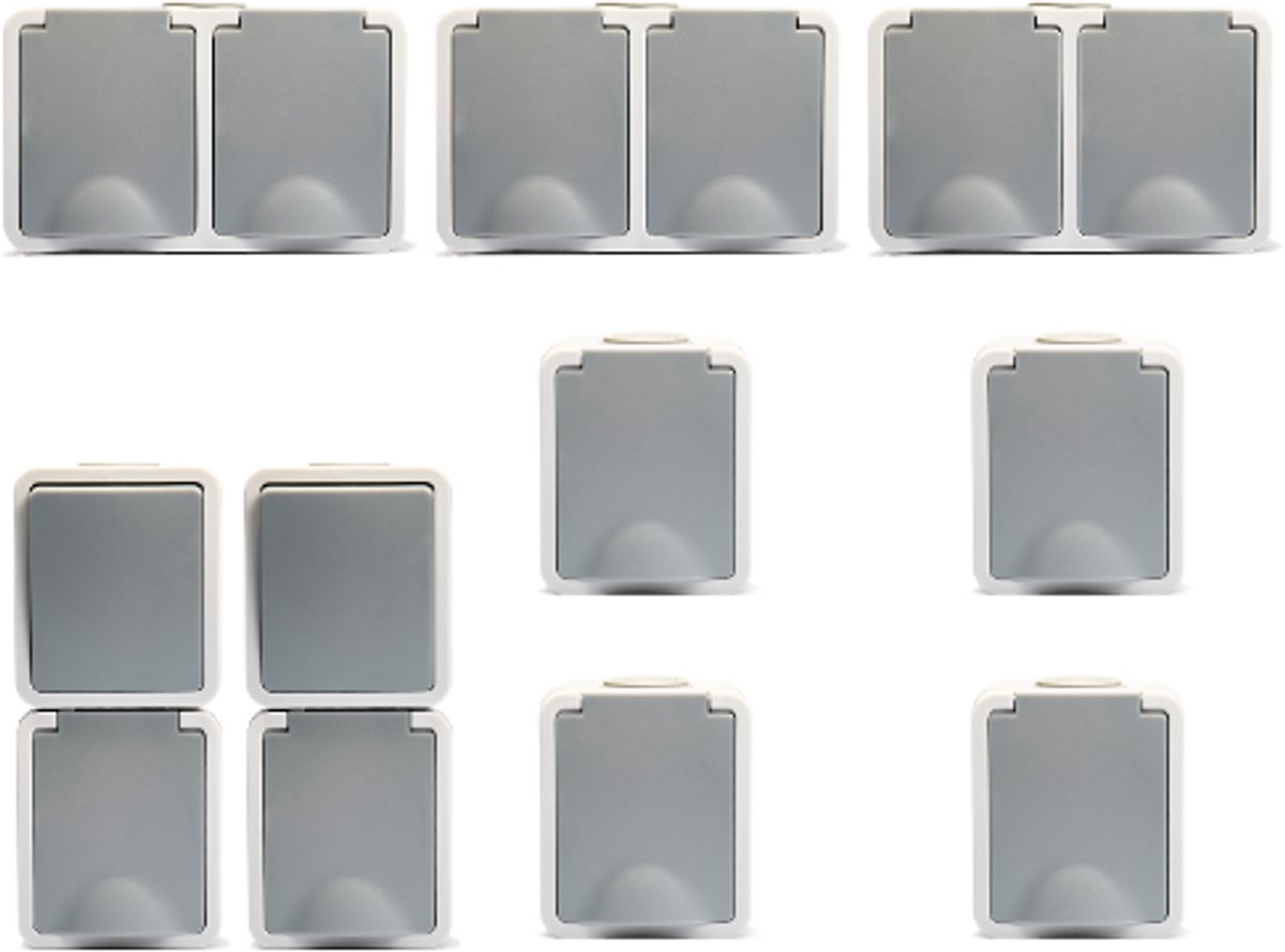 McPower Fix - Set van 9 - 4x Enkele Stopcontact + 3x Dubbel wandcontactdoos + 2x Dubbele combinatie (schakelaar+stopcontact)Verticaal - Opbouw IP54 - Grijs