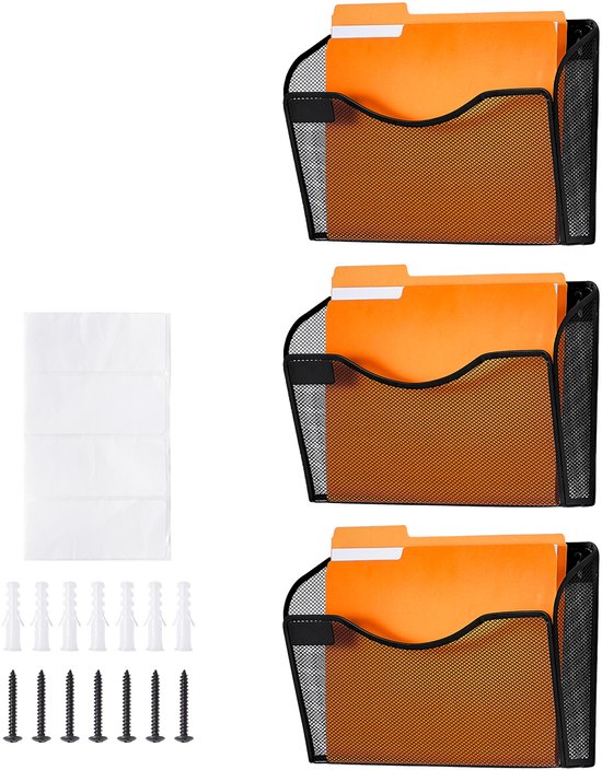 Porte-documents mural, porte-documents mural en trois parties avec 1 compartiment en filet, porte-documents mural pour magazines, courrier, Papier et documents, porte-documents mural en métal avec étiquette