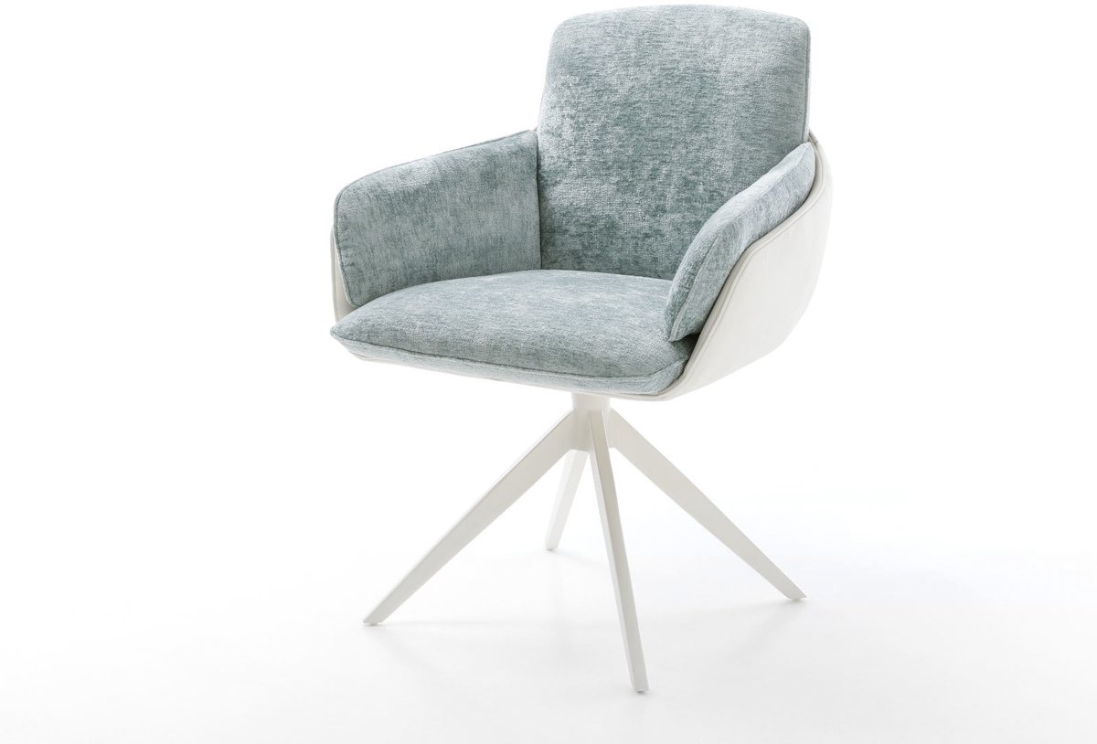 Eetkamerstoel Luan-Flex met armleuning kruisframe breed wit materiaalmix echt leer wit-pastelblauw 360° draaibaar rocker-functie