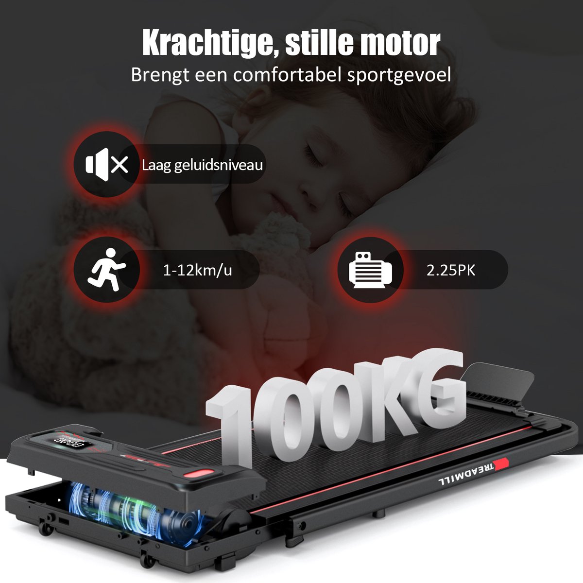 Afbeelding 2 van Y-RAIN Elektrische Loopband, Walking Pad, Wandelband, Inklapbaar loopband, 2-in-1, 1-12km/u, 2,25 pk Motor, Afstandsbediening, LED-display, Veiligheidssleutel, ipad/mobiele telefoon houder.