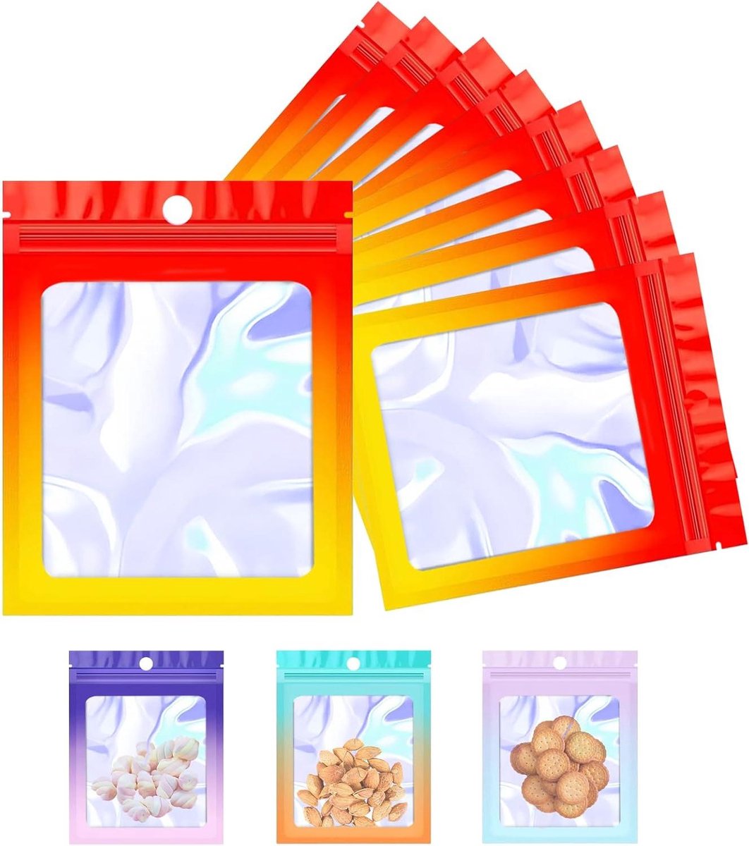 Allecto Plus - Hersluitbare Mylar-zakjes 9 x 12 cm voor snacks, cosmetica, elektronica en sieraden - 100 stuks - Rood-geel met ritssluiting