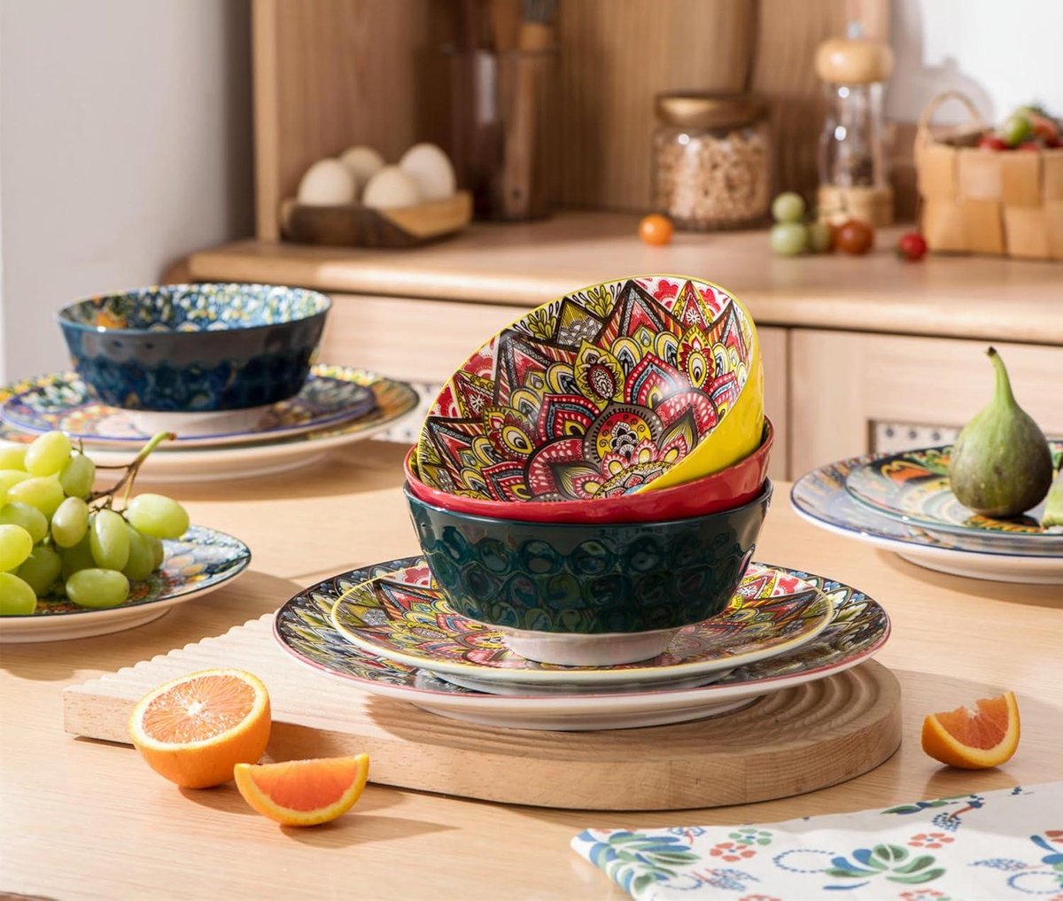 12-delig tafelservies, porseleinen serviesset voor 4 personen - kleurrijk servies van 4 x diner borden, 4 x dessertborden, 4 x slakommen - Bohemian stijl 12-delig tafelservies, porseleinen serviesset voor 4 personen - kleurrijk servies van 4 x diner borden, 4 x dessertborden, 4 x slakommen - Bohemian stijl