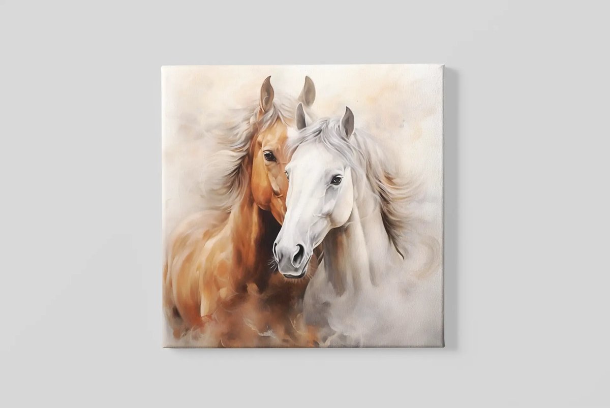 Trendex Global Vierkant Canvas Schilderij - Paarden - Wit en Bruin - Dierenkunst - 60x60x2 cm