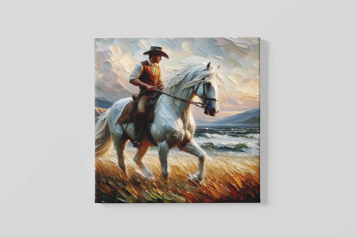 Trendex Global Vierkant Canvas Schilderij - Cowboy Portret - Western Stijl - Vintage Look - 100x100x2 cm Wit