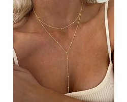 foto van Dubbele Y-Ketting Dames – Roestvrijstaal – Goudkleurige Halsketting met Bolletjes – Verstelbare Lengte – Sieraad voor Festivals, Vakantie, School en Dagelijks Gebruik – Moederdag