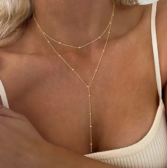 Dubbele Y-Ketting Dames – Goudkleurige Halsketting met Bolletjes – Verstelbare Lengte – Sieraad voor Festivals, Vakantie, School en Dagelijks Gebruik – Moederdag