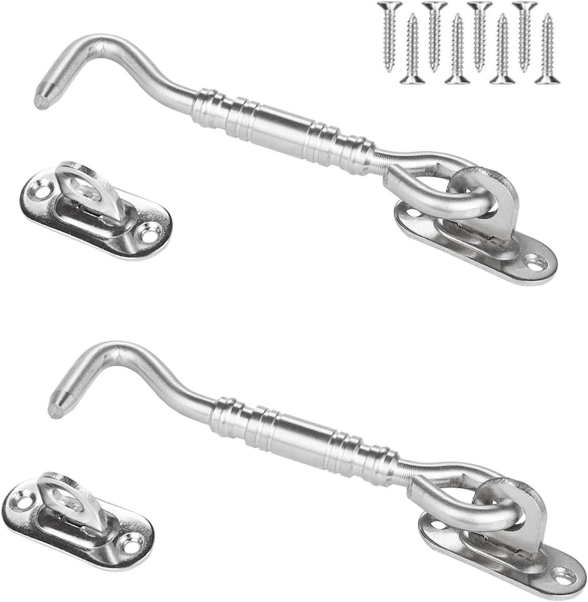 Allecto Plus - Roestvrij Stalen Stormhaken 4 Inch - Set van 2 - Voor Ramen Deuren - Inclusief Schroeven - Zilverkleurig - Stormhaak Cabinehaak