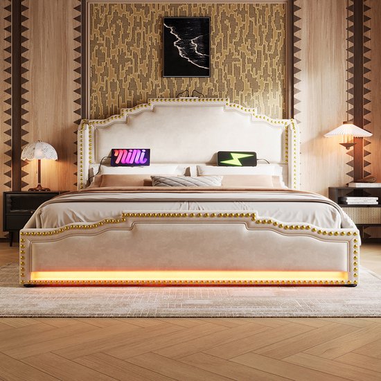 Bed met nachtkastjes 160 x 200 cm met ledverlichting, kleur: naturel en Bed met nachtkastjes 160 x 200 cm met ledverlichting, kleur: naturel en