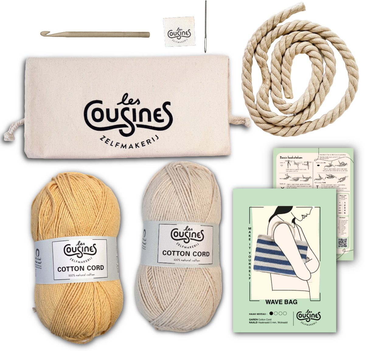 Les Cousines Haakpakket Schoudertas - Wave Bag - Complete DIY Kit voor Beginners - Zelf Tas Haken - [Ivoor+geel]