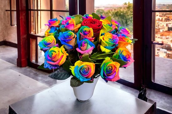 Foto: Boeket 10 regenboog rozen