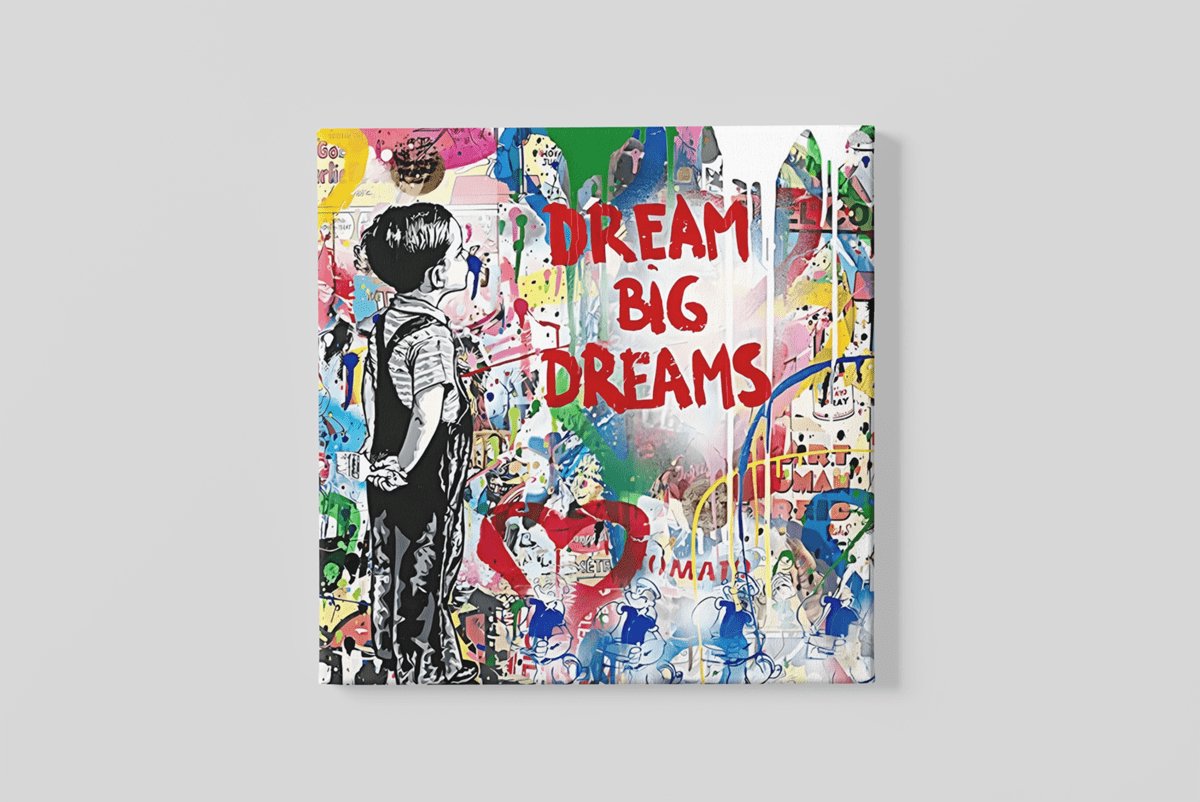 Trendex Global Vierkant Canvas Schilderij – Graffiti Art - Dream Big Dreams – Modern Wanddecoratie – Hoge Kwaliteit - 60x60 cm Kleurrijk