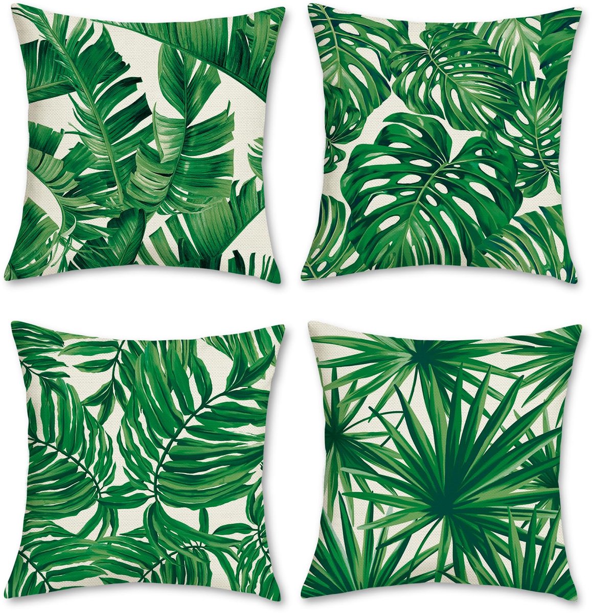 Ibenzoa Set van 4 Decoratieve Kussenslopen met Groene Tropische Bladeren, 45x45 cm, Voor Woon- en Slaapkamer Tropische bladeren-4