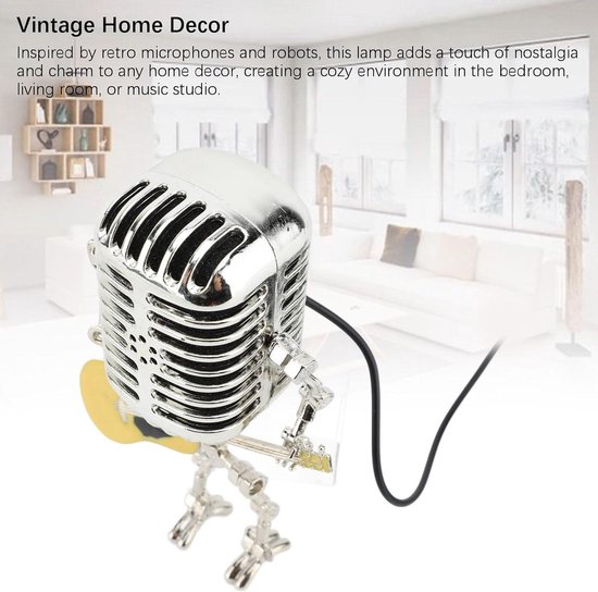 Retro Stijl Microfoon Robot Lamp Holding Gitare Vintage - Robot Touch Dimmer Lamp - Robot Bureaulamp met LED - Creatieve Steampunk lamp voor Slaapkamers, Bar, Restaurant (Rood