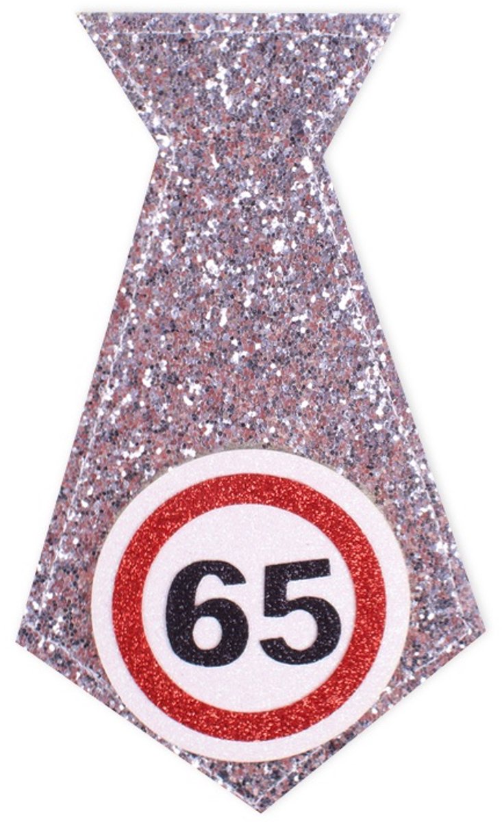 Polyester en PU glitterstropdas | verjaardag | wit | verkeersborden met cijfer 65