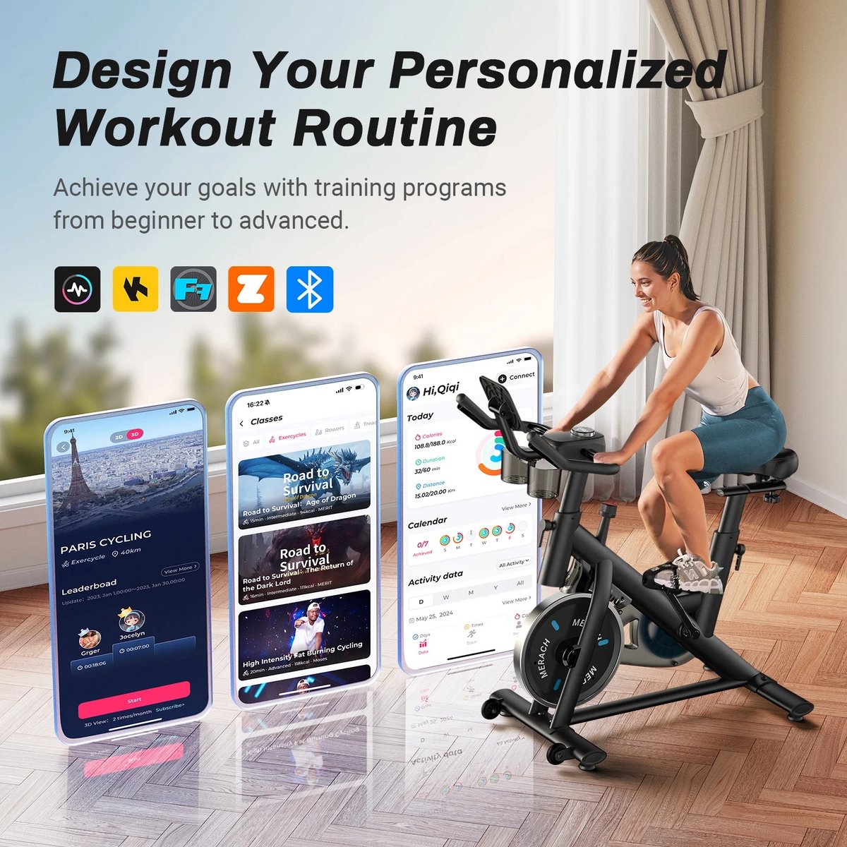 Afbeelding 3 van Serolux® - Hometrainers - Hometrainer fiets - Hometrainer - Bluetooth APP-verbinding - 10 kg vliegwiel - 136kg weerstand - Hartslagfunctie - LED display met info - Fitness - Spinningfiets - Geluidsarme trainingservaring - Zwart