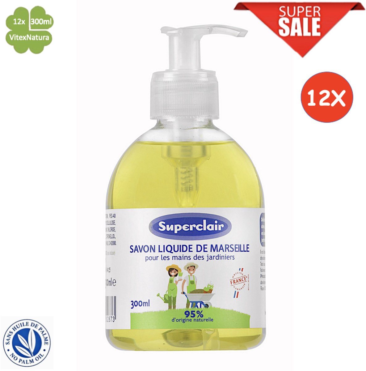Vloeibare Marseillezeep voor de handen van tuiniers 12x300ml | verrijkt met essentiële citroenolie | Superclair