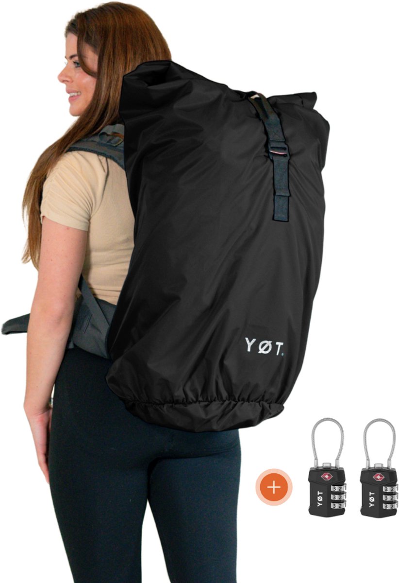 YØT® Flightbag Regenhoes voor rugzak 40–80L – 2x TSA Slot – Waterafstotend nylon – Rolltop – Zwart