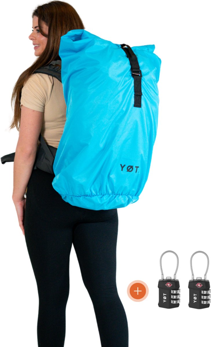 YØT® Flightbag backpack regenhoes 40–80L – TSA slotjes – Waterdichte nylon cover – Rolltop – Blauw