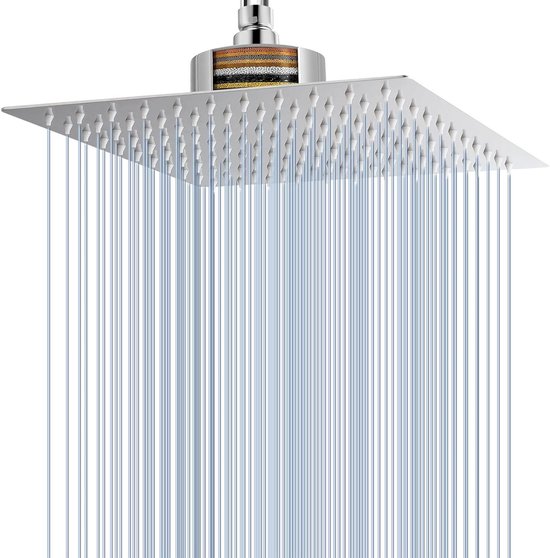 Voolan Regendouchekop met gefilterde, krachtige grote regendouchekoppen van roestvrij staal, watervalfilter, douchekop voor hard water (25 cm chroom