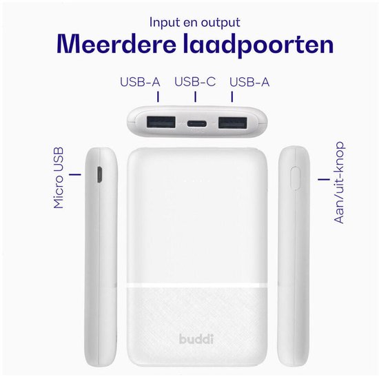 Buddi Go 5.000 mAh Powerbank Duo Pack - Reisformaat - Compact - Klein - Ultra Dun - 2.4A USB-C en USB-A - Universele Powerbank Geschikt voor Telefoon & Tablet - Ideaal voor handbagage - Wit