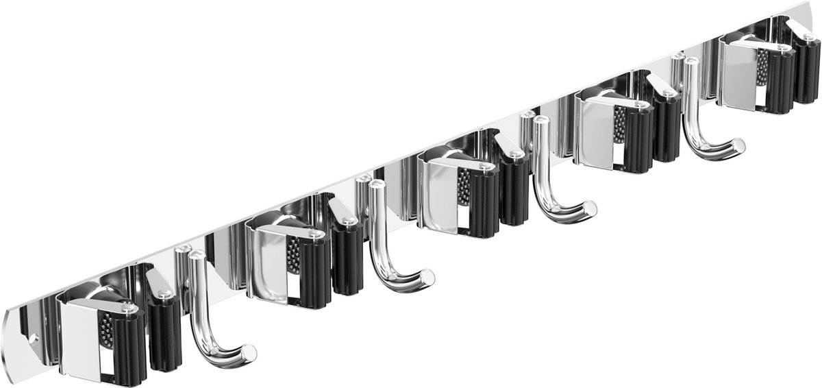 Skynzor - Bezem Ophangsysteem - 5 Houders 4 Haken - RVS - Bezemhouder - Mop Houder - Mop Rack- Mop Clip - Haken Voor Tuingereedschap - Gereedschapswand Opberg - Gereedschapshouder - Broom Opberg - Zelfklevend - 43 CM - Zwart
