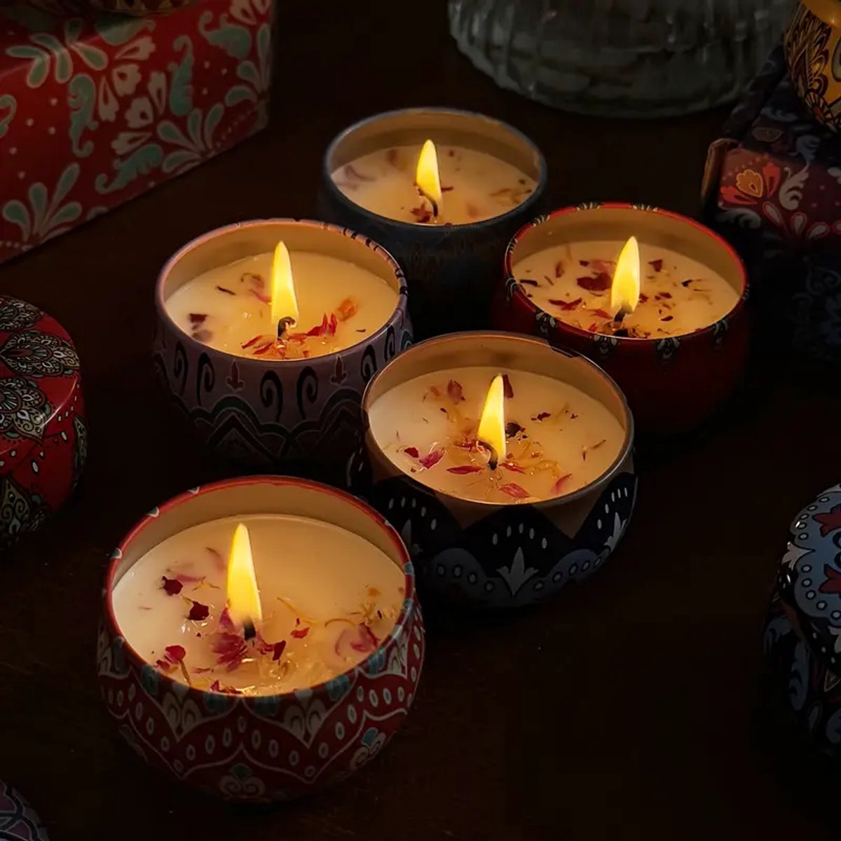 Luxe Geurkaarsen Set – 4 Geuren in Sierblik – Jasmine, Fresia, Sandalwood & Rose – Cadeau set in Luxe Doos