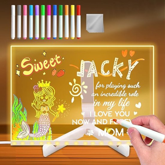 LED Tekenbord Notitiebord 30x20 Cm - Met 7 Kleuren Pennen, Standaard En Afwasbaar Acryl Café Menubord