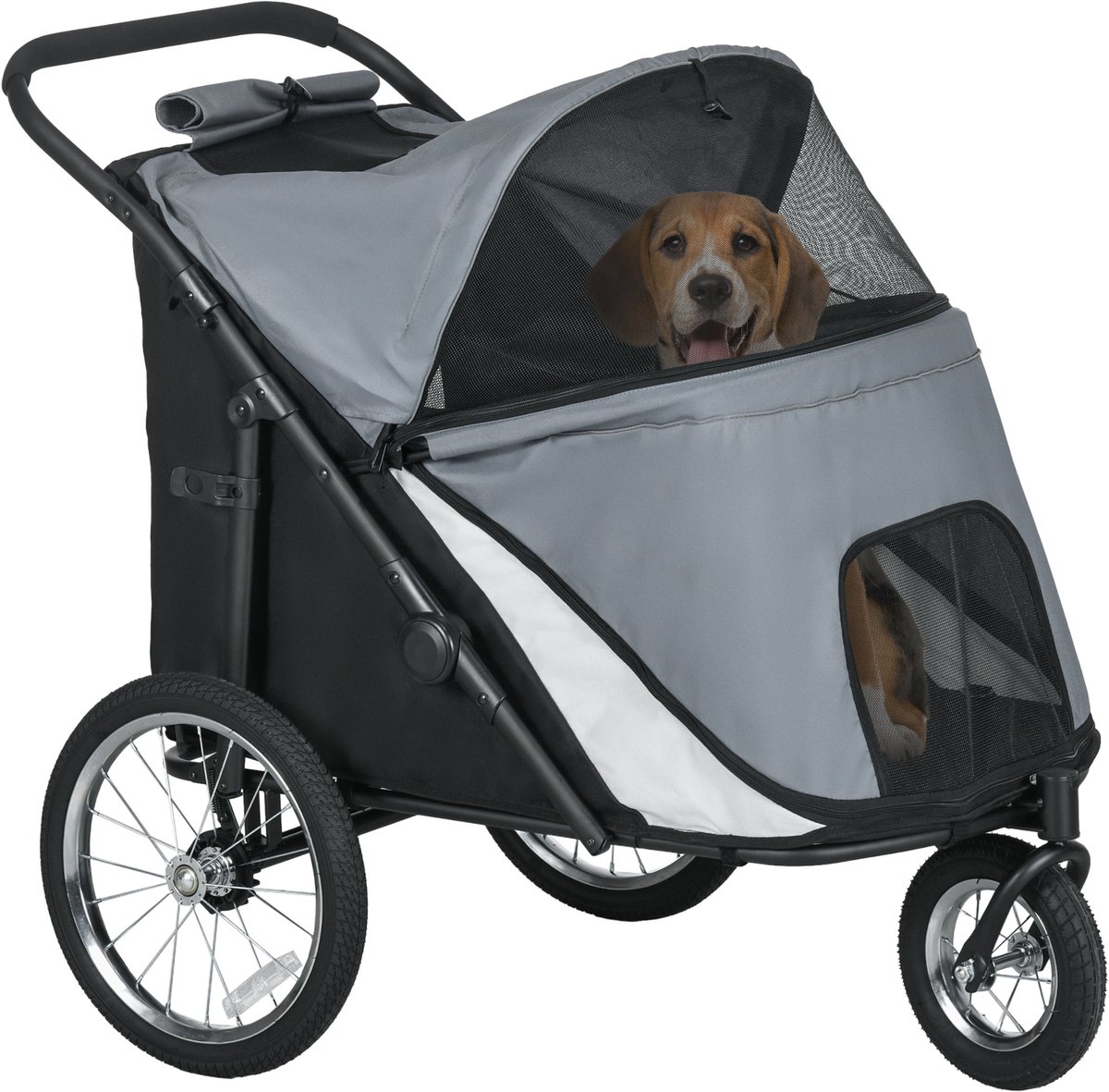 PawHut Hundewagen Hundebuggy mit Netzfenstern, Klappbarer Katzenwagen mit Sicherheitsleine, große Gummiräder für Mittelgroße, Große Hunde bis 30 kg, Oxford, Grau
