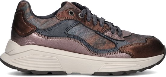 Vue latérale d'une basket en cuir bronze et bleu avec semelles blanches.