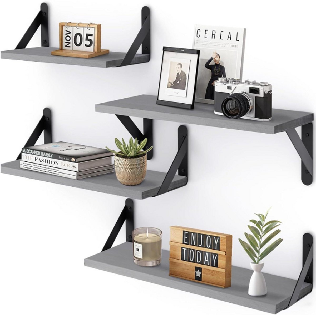 Kaëru® Wandplankenset – 4-delig – Houten Planken – Draagkracht 10 kg per plank – 42x15.5cm – Voor Badkamer, Keuken of Woonkamer – Grijs Hout – Ideaal als Boekenplank of Opberger