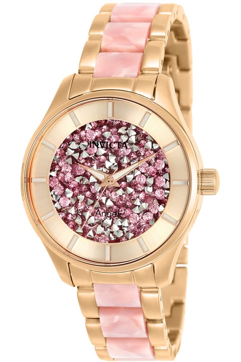 Invicta Angel 25244 Dames Horloge - Waterdicht - Analoog - Quartz Uurwerk - Roestvrij Staal met roze Wijzerplaat - 34mm