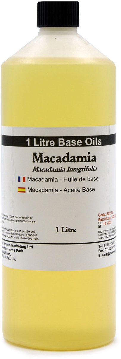 Basis Olie - Macadamia Olie - 1 Liter - Aromatherapie - Basisolie - Draagolie - Basisolie Voor Etherische Oliën