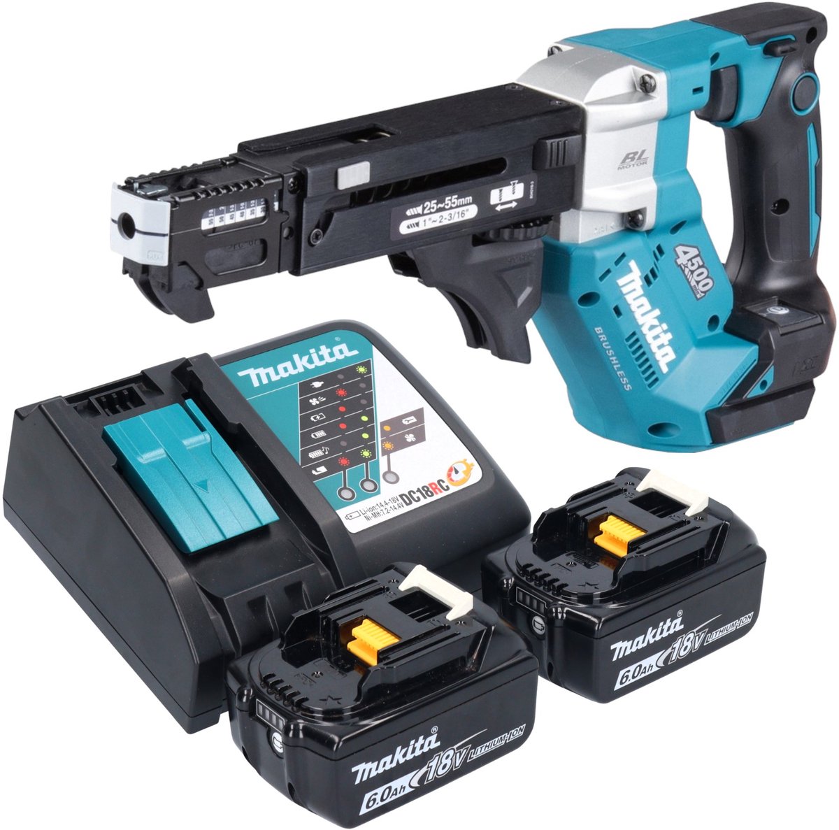 Makita DFR 552 RG accu-magazijnschroevendraaier 18 V 25 - 55 mm borstelloos + 2x accu 6.0 Ah + lader