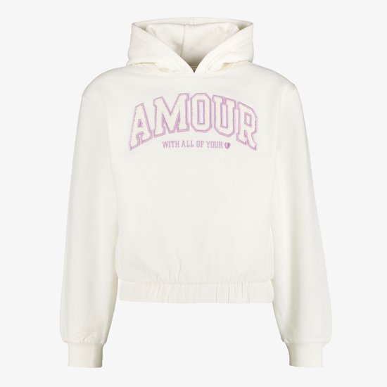 Off-white hoodie met 'AMOUR' opdruk in paars teddy met tekst eronder.