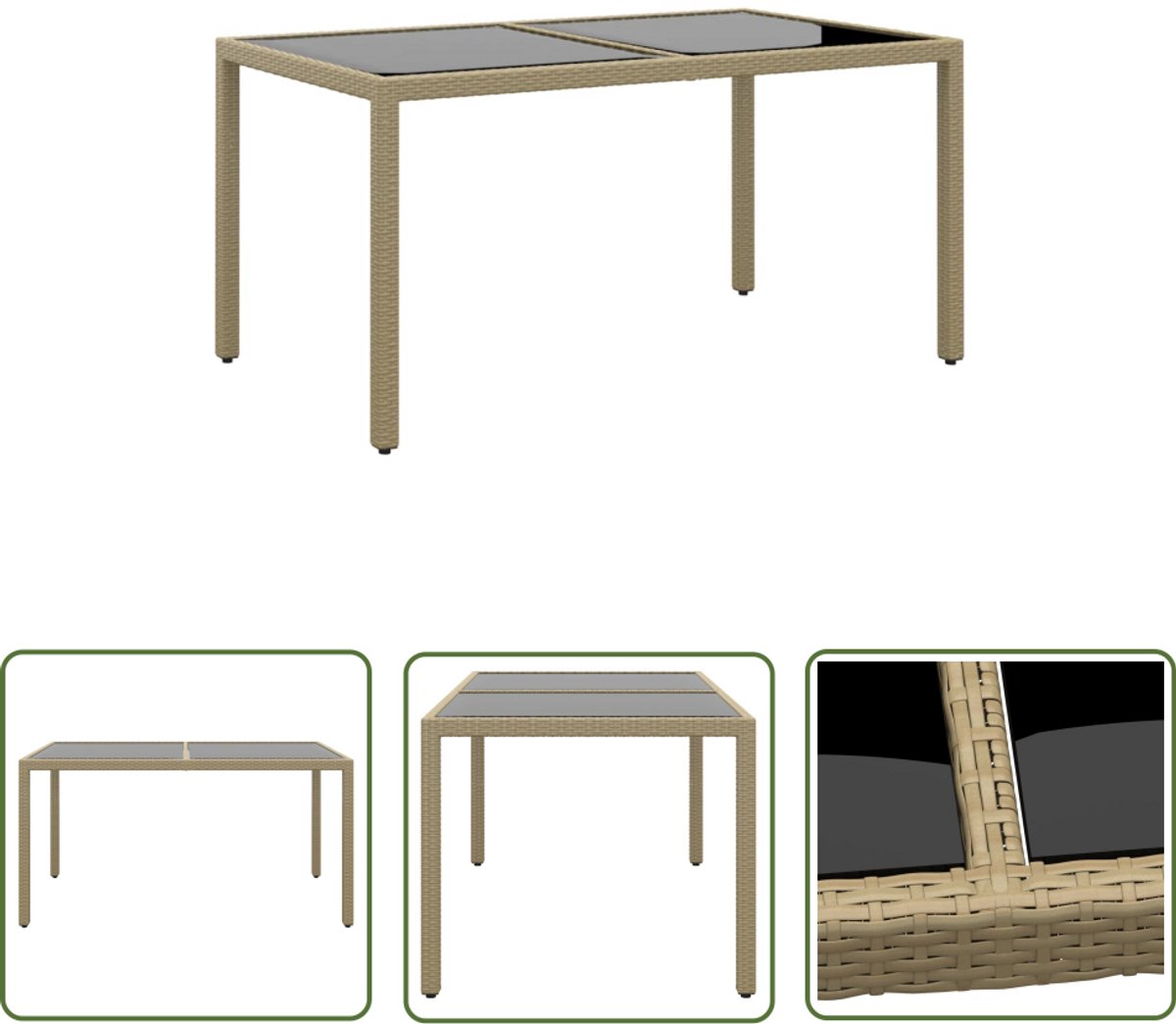 vidaXL Polyrattan Tafel - Tuinstoel - Tuintafel 150x90x75 cm gehard glas en poly rattan beige - Buitentafel - Bistroset - Terrastafel