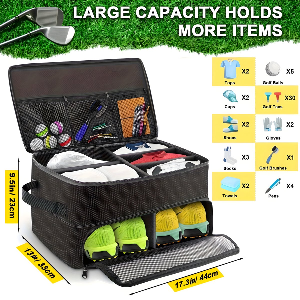 Stripe golf kofferbakorganizer - 2 lagen - Geventileerd schoenenvak