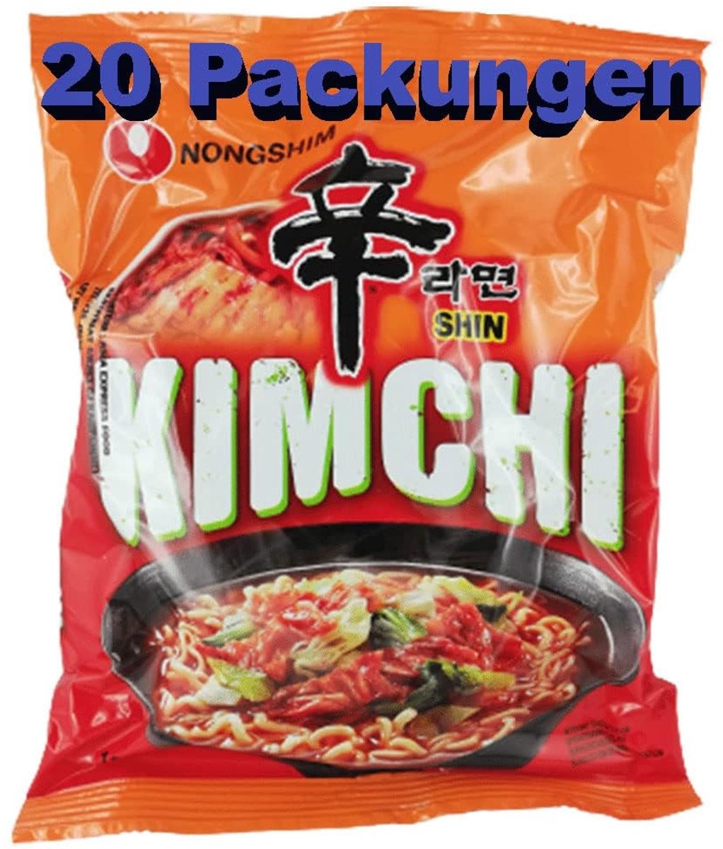 Kimchi Instant Noedels - Pak van 20 (20 x 120 g) | Pittige Koreaanse Kimchi Noedelsoep | Eenvoudig te bereiden in 4 minuten | Bevat gluten | Scherpe smaak met Kajal Sticker