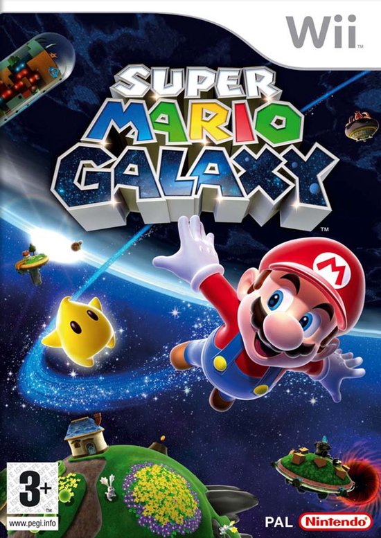Super Mario Galaxy Wii gamecover met Mario die door de ruimte zweeft, met sterren, planeten en de titel.